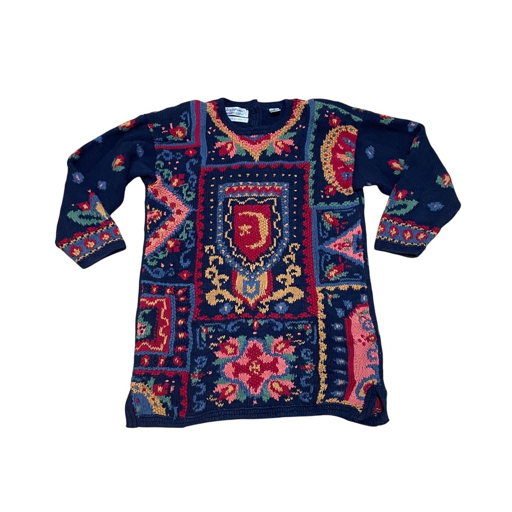 VTG Signatures by Northern Isles Hand Knitted Patchwork Heraldic Tunic Sweater M
